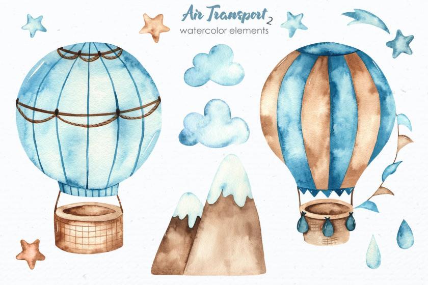 手绘水彩风格的飞机和热气球主题png插画素材