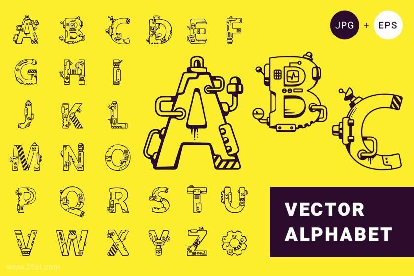一组创意的机械风格的大写英文字母矢量插画素材,总共有a-z 26个字母