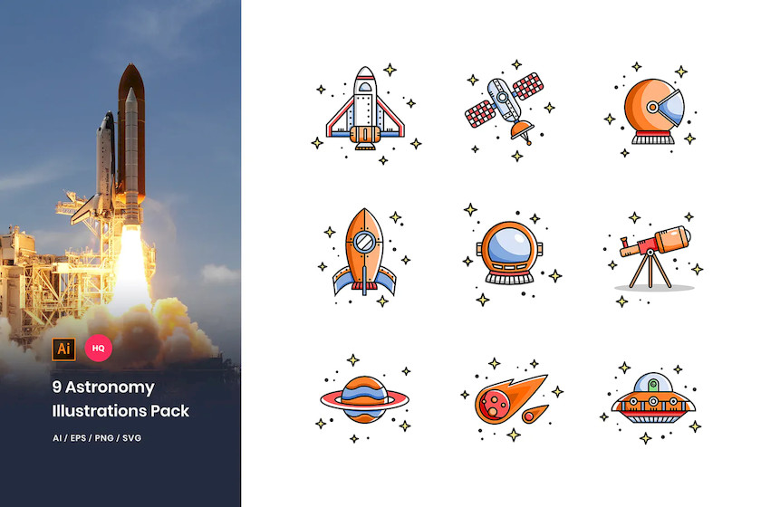 9个天文科普主题的矢量彩色图标素材