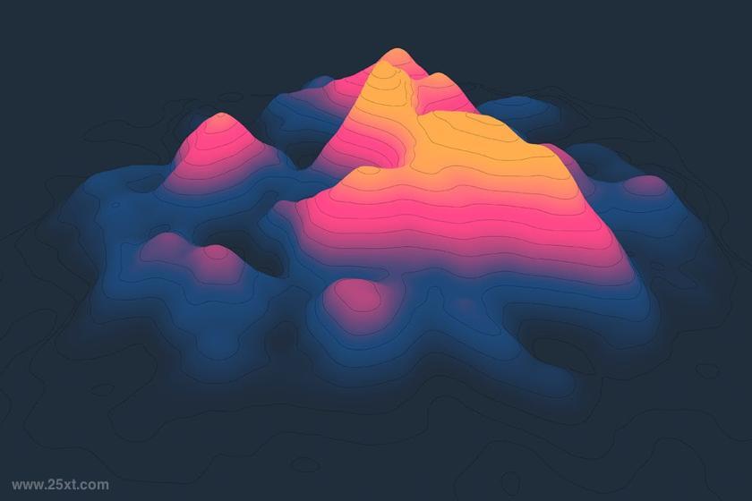 彩色渐变效果的3d山脉等高线抽象轮廓背景图片素材