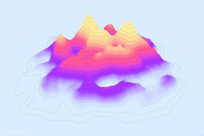 彩色渐变效果的3d山脉等高线抽象轮廓背景图片素材
