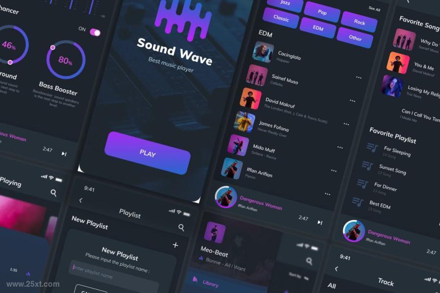 酷炫深色模式的音乐播放app ui kit设计模板