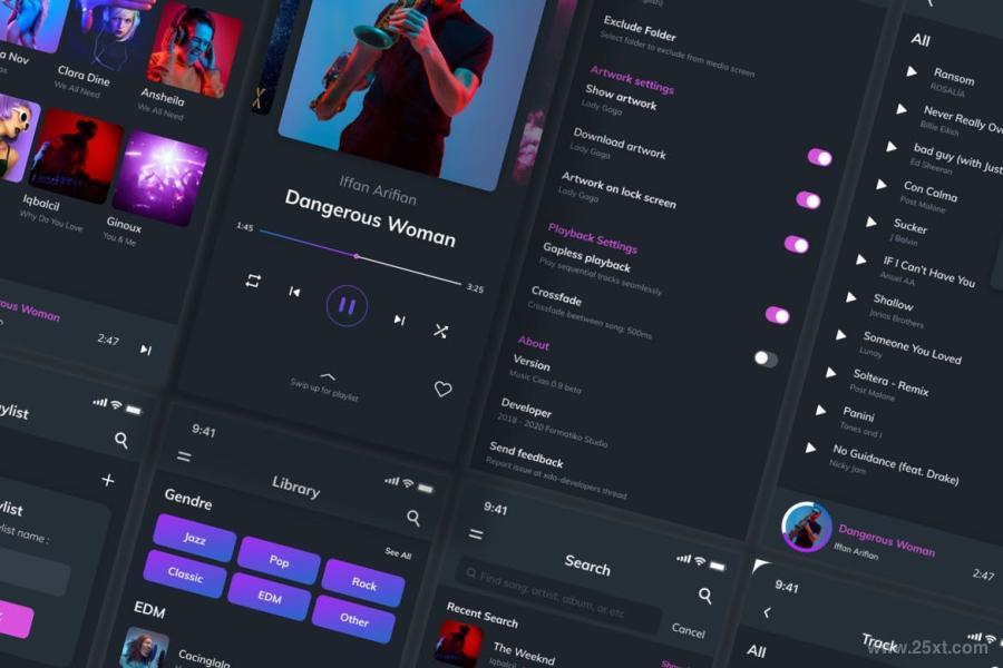 酷炫深色模式的音乐播放app ui kit设计模板